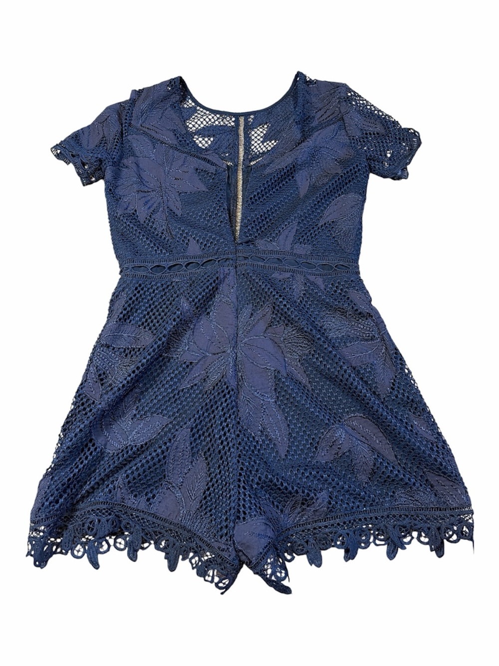 Adelyn Rae Navy Floral Crochet Lace Romper Short Sleeve Size M - Picture 3 of 4